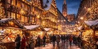 Traditions de Noël en France avec décorations, marchés festifs et atmosphère chaleureuse hivernale